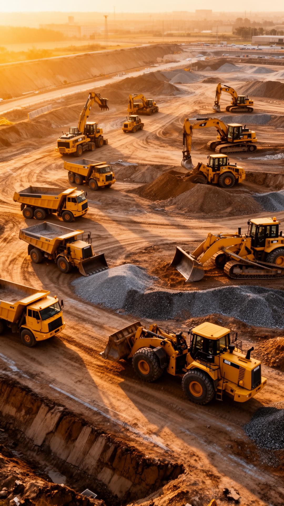 Fleet of dump trucks, excavators, backhoes, and bulldozers working a large construction site at golden hour
